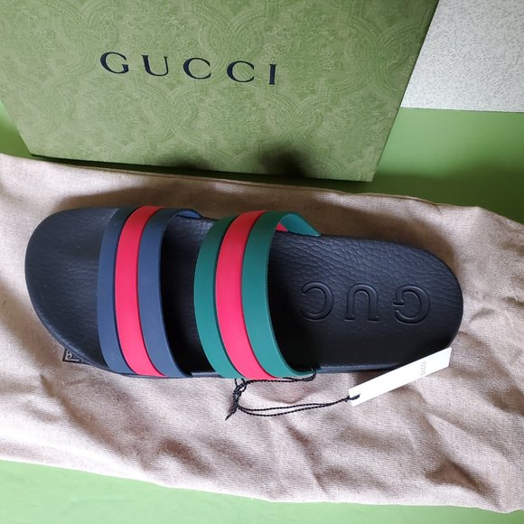 NIB Gucci Agrado web double strap rubber slides sandals G 11/ US 12 - Picture 3 of 5